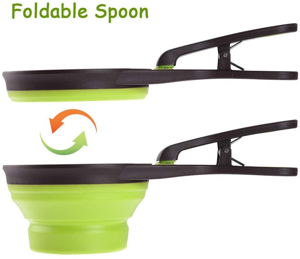  Cuchara 3 en 1 para alimentos, 237 ml Plegable Clip de cuchara medidora de alimentos para mascotas Alimentación de almacenamiento y riego Suministros para el hogar al aire libre, verde 1 taza / 8 oz 