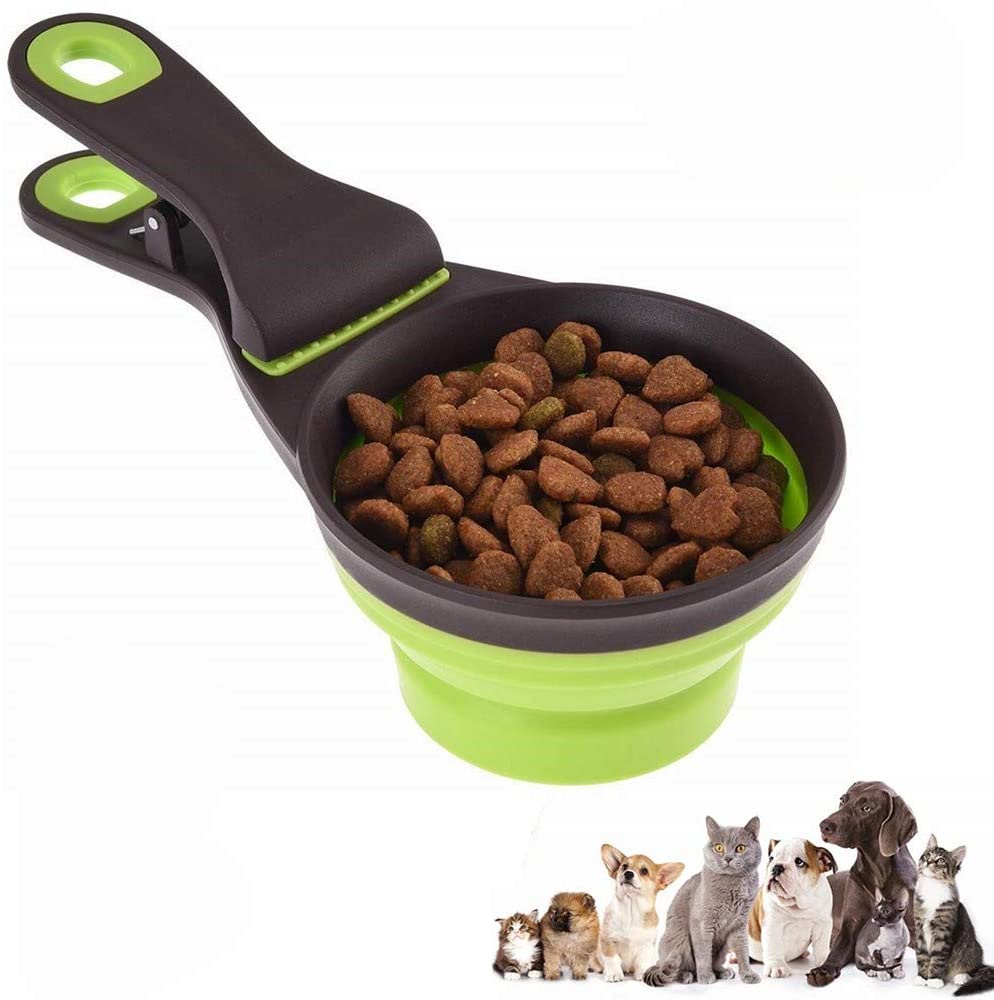  Cuchara 3 en 1 para alimentos, 237 ml Plegable Clip de cuchara medidora de alimentos para mascotas Alimentación de almacenamiento y riego Suministros para el hogar al aire libre, verde 1 taza / 8 oz 