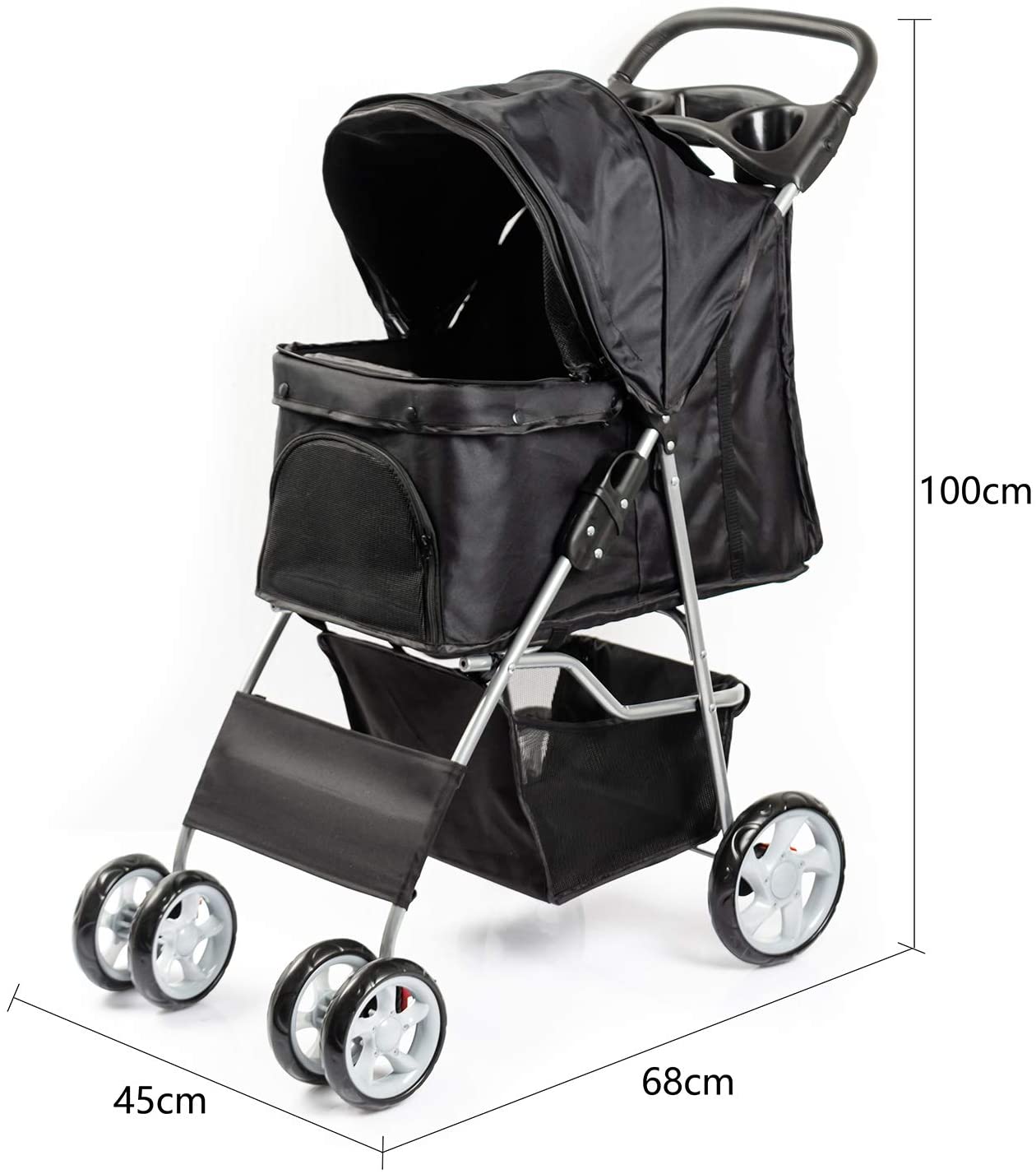  Dawoo Carrito para Mascotas De 4 Ruedas para Gatos/Perros, Carrito De Jogging Fácil De Plegar, con Canasta De Almacenamiento y Portavasos (Negro) 