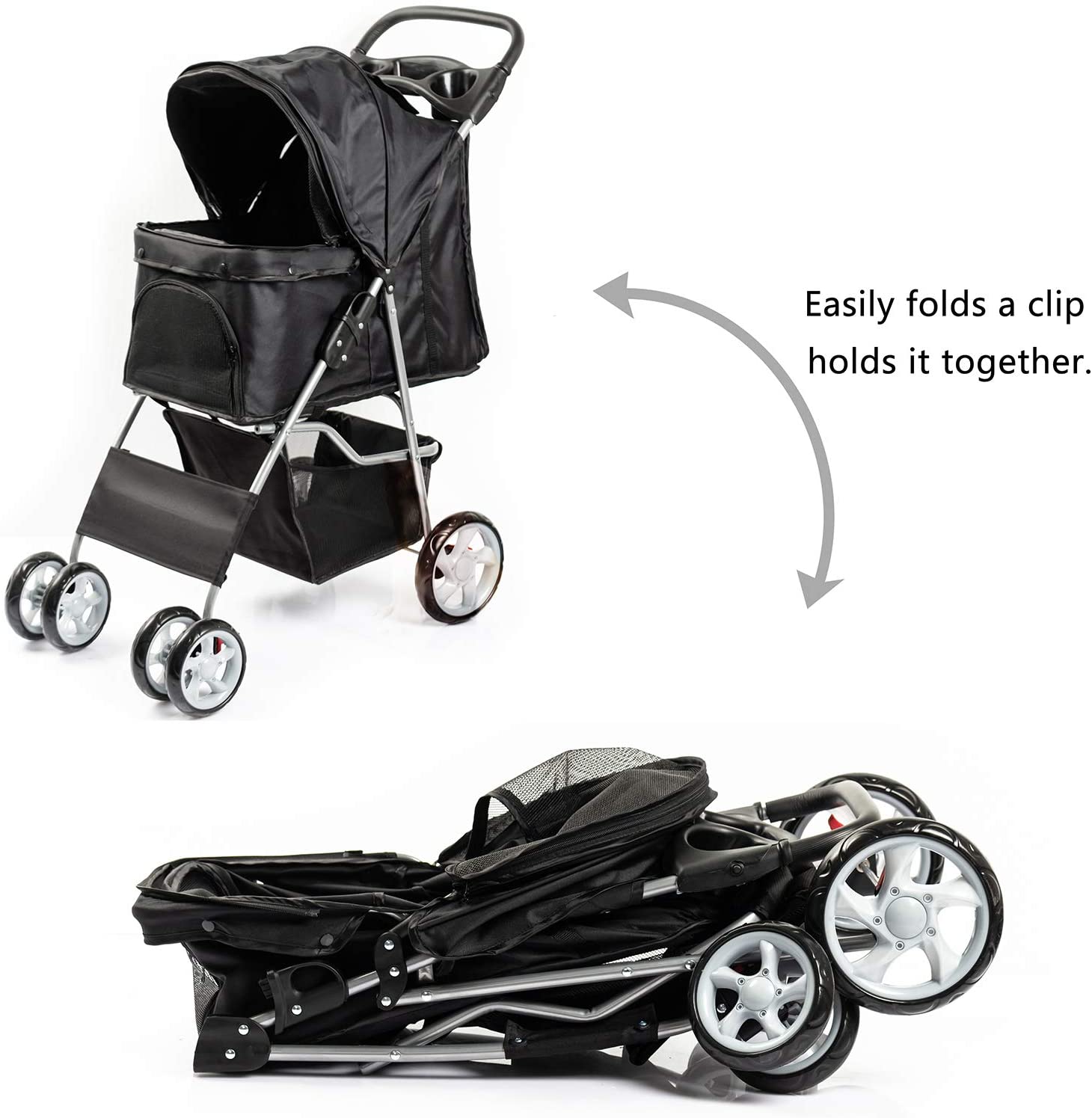  Dawoo Carrito para Mascotas De 4 Ruedas para Gatos/Perros, Carrito De Jogging Fácil De Plegar, con Canasta De Almacenamiento y Portavasos (Negro) 