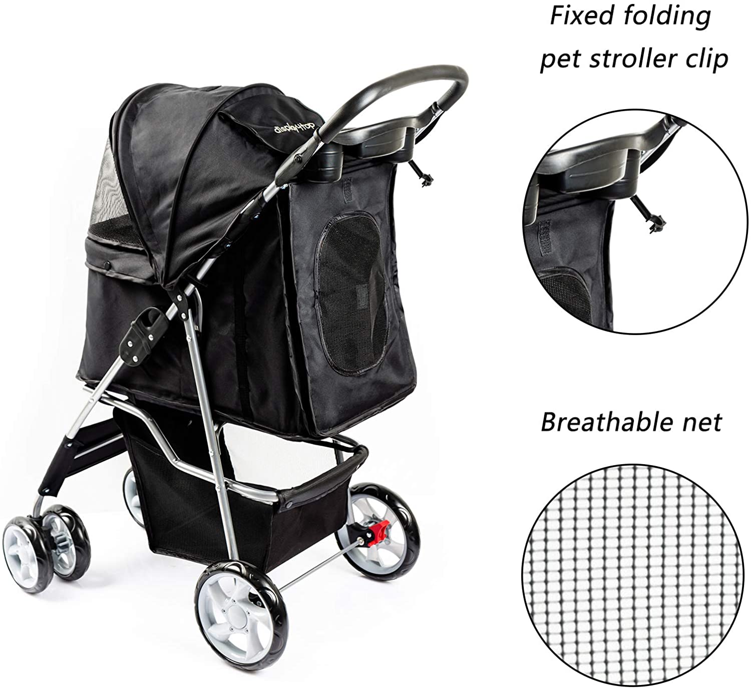  Dawoo Carrito para Mascotas De 4 Ruedas para Gatos/Perros, Carrito De Jogging Fácil De Plegar, con Canasta De Almacenamiento y Portavasos (Negro) 