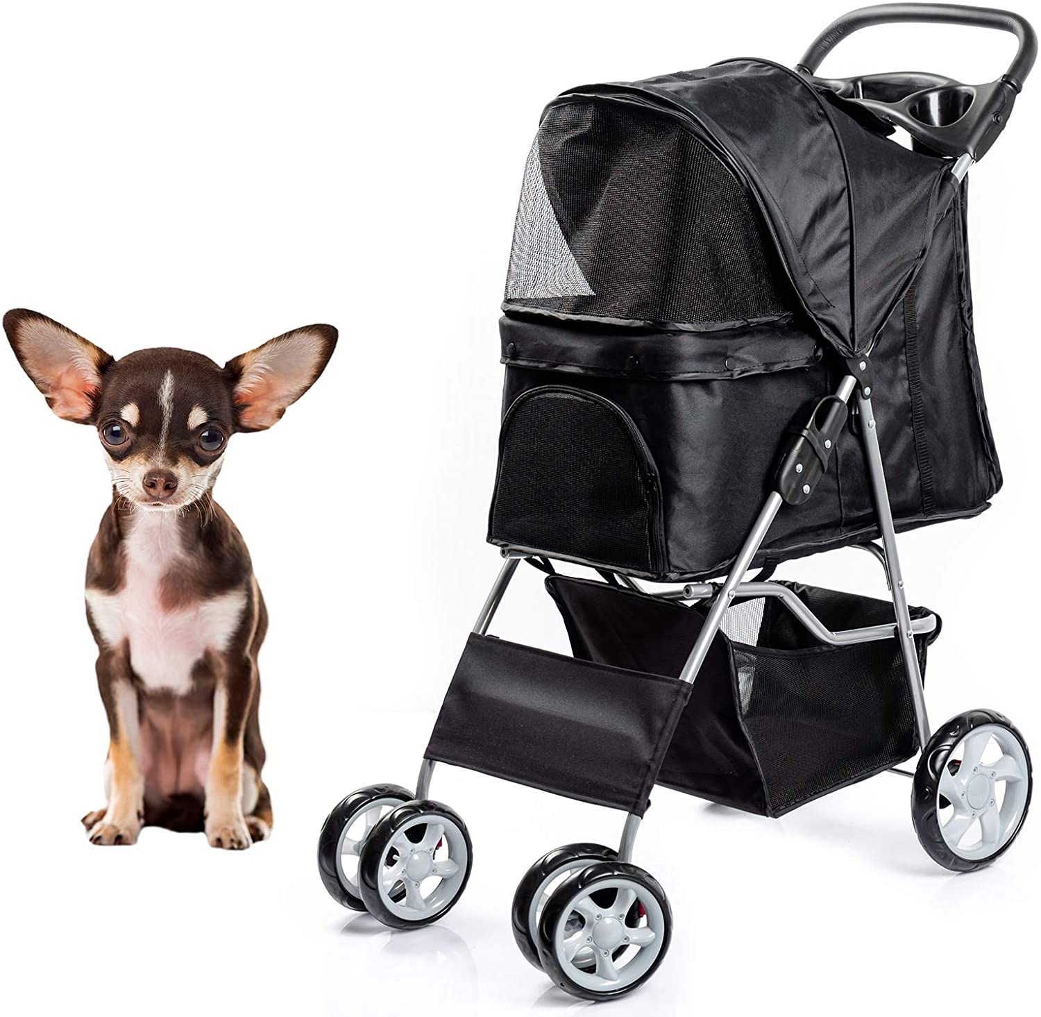  Dawoo Carrito para Mascotas De 4 Ruedas para Gatos/Perros, Carrito De Jogging Fácil De Plegar, con Canasta De Almacenamiento y Portavasos (Negro) 