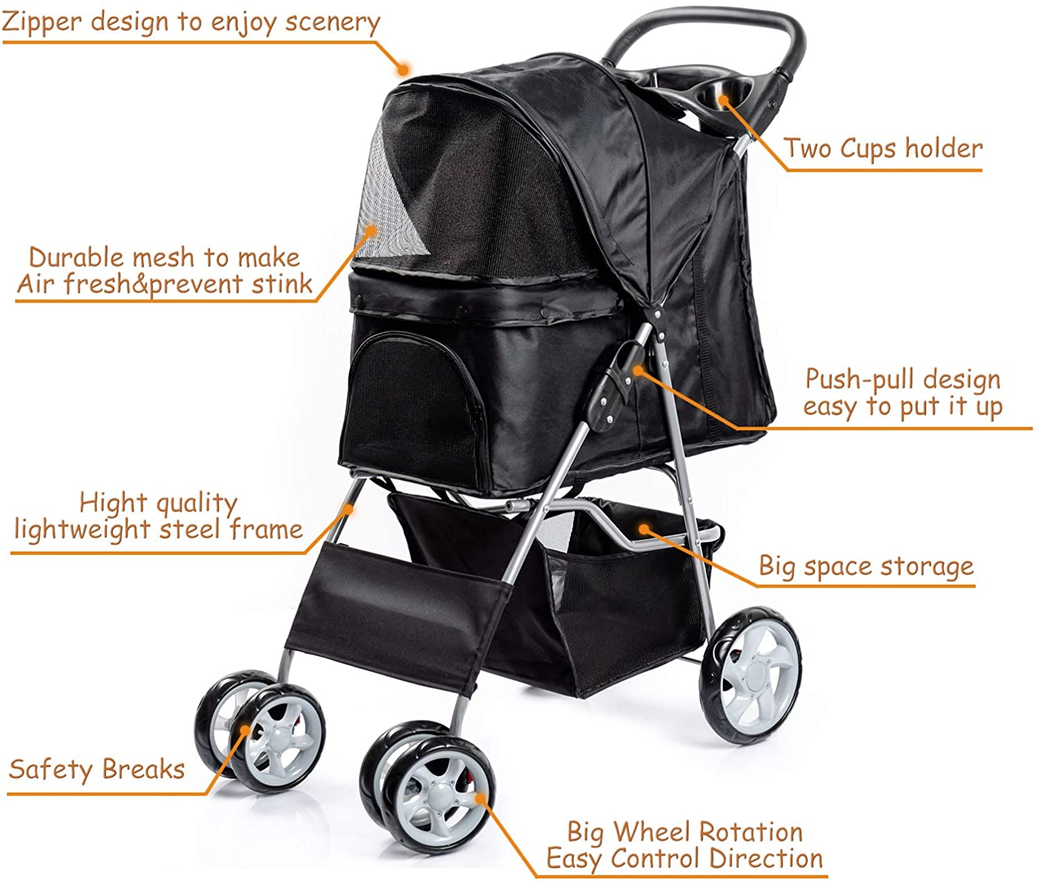  Dawoo Carrito para Mascotas De 4 Ruedas para Gatos/Perros, Carrito De Jogging Fácil De Plegar, con Canasta De Almacenamiento y Portavasos (Negro) 