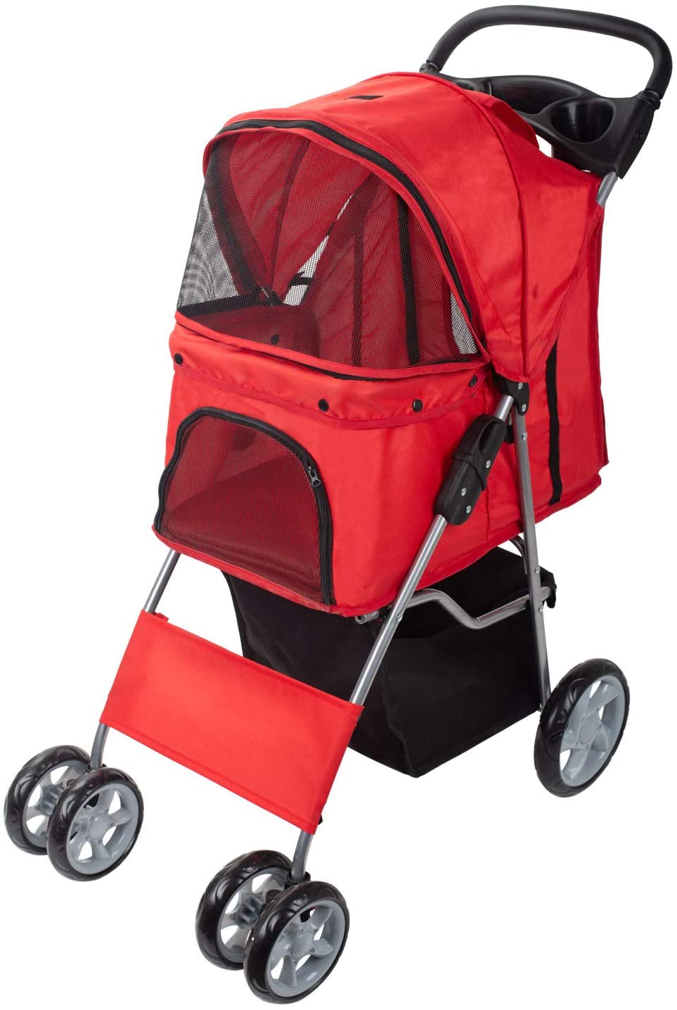  Dawoo Carrito para Mascotas De 4 Ruedas para Gatos/Perros, Carrito De Jogging Fácil De Plegar, con Canasta De Almacenamiento y Portavasos (Rojo) 