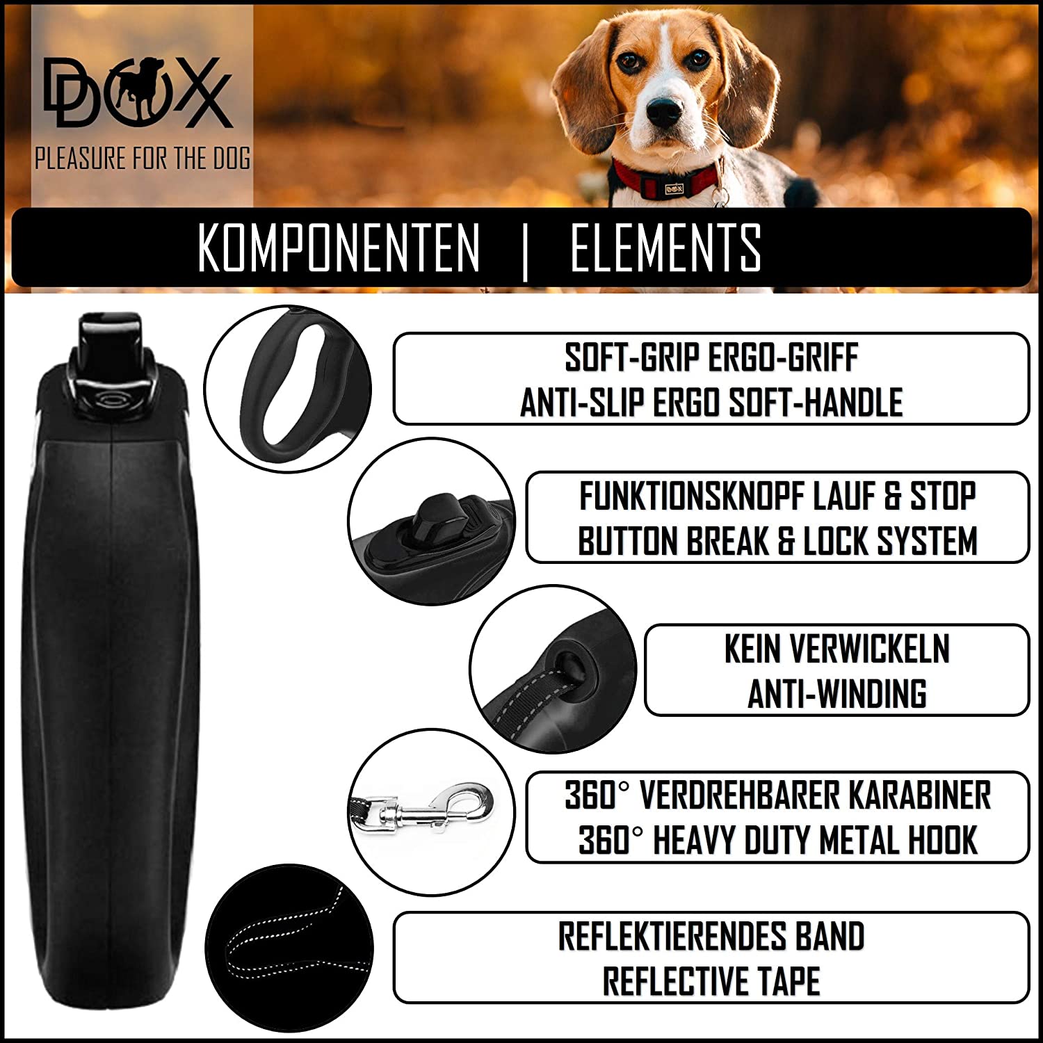  DDOXX Correa Extensible Perro, Reflectante, Retráctil | Diferentes Colores & Tamaños | para Perros Pequeño, Mediano y Grande | Accesorios Gato Cachorro | S, 4 m, 10 kg, Negro 