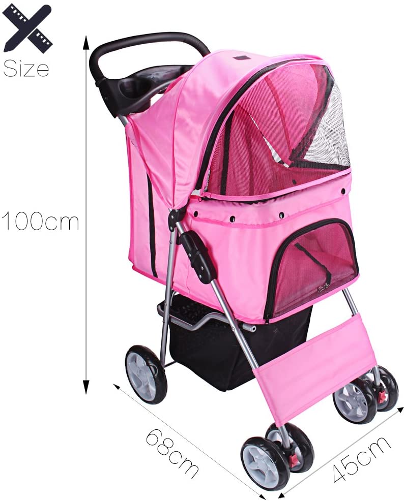  DISPLAY4TOP Carrito de 4 Ruedas para Mascotas Perros Gatos Animales Plegable Impermeable para Viaje Paseo (rosa) 