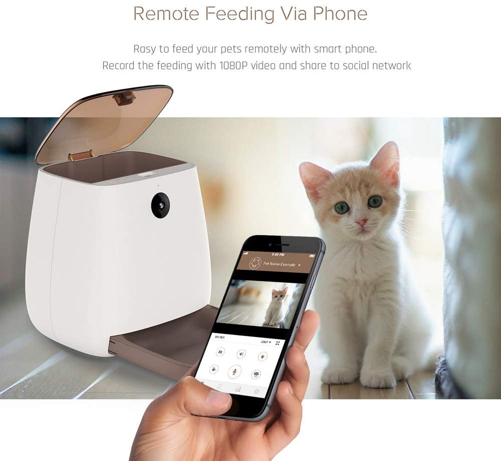  DjfLight Alimentador automatico de Mascotas para Perro Gato, automatico comedero, Aplicación móvil, Control Remoto de Video, Control Remoto, Gran Capacidad, Fuente de alimentación Dual 