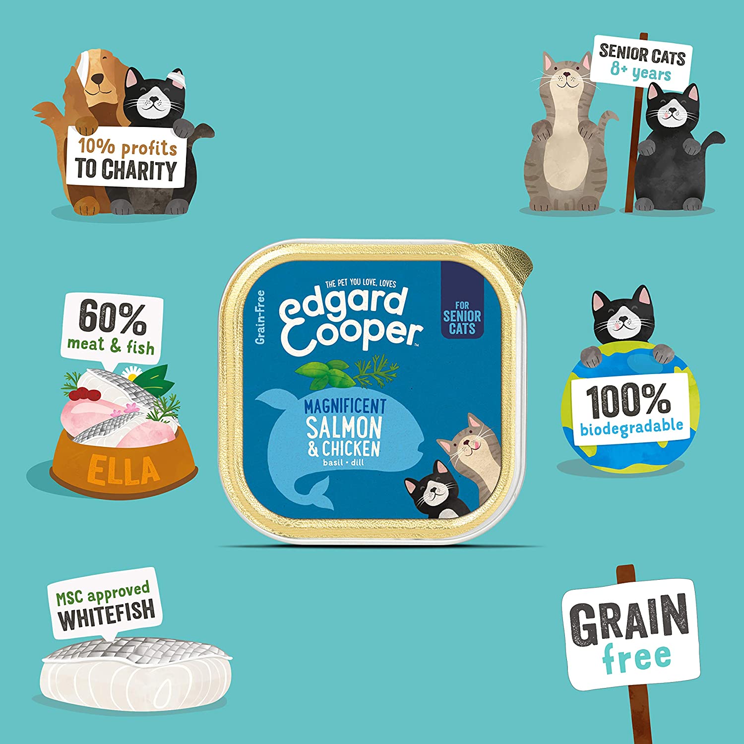  Edgard & Cooper Comida humeda Gatos Senior sin Cereales, Natural con Pollo y Salmón Frescos. Comida Sana Rica en nutrientes y antioxidantes Naturales. Pack tarrinas de 19x85gr 