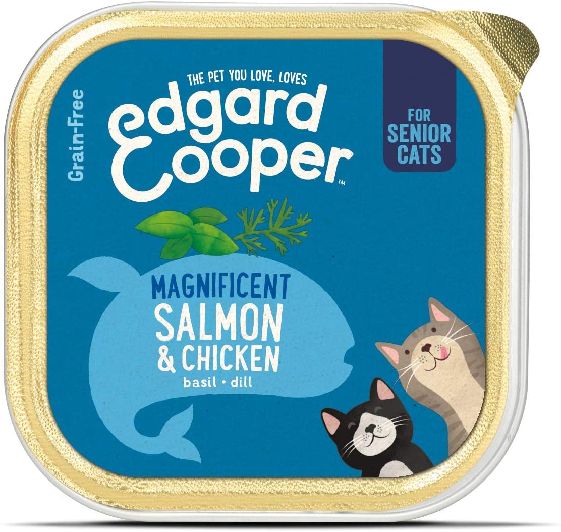  Edgard & Cooper Comida humeda Gatos Senior sin Cereales, Natural con Pollo y Salmón Frescos. Comida Sana Rica en nutrientes y antioxidantes Naturales. Pack tarrinas de 19x85gr 