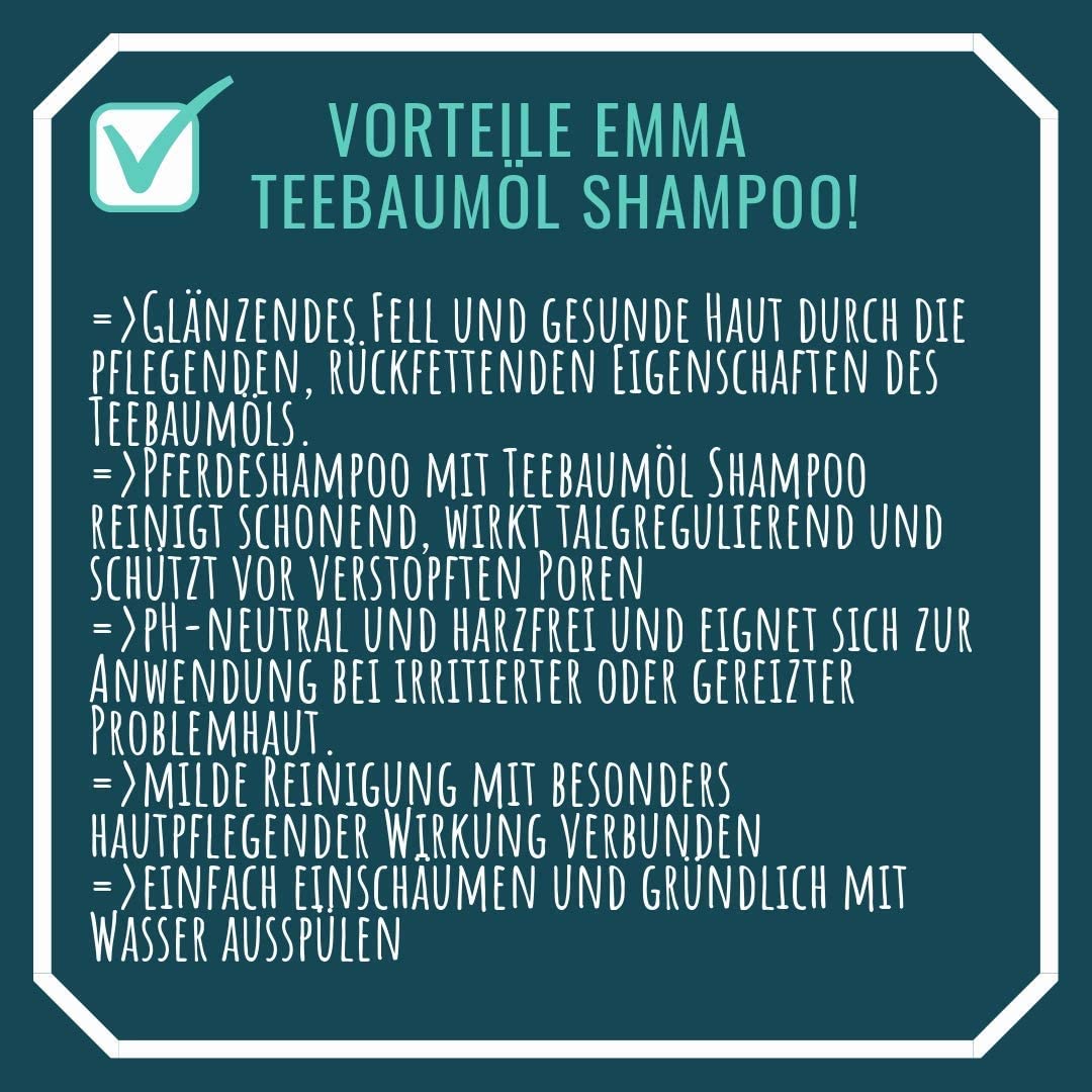  EMMA ♥ champú para Caballos y Perros con Aceite del árbol del té I ph-Neutro y Suave I para Piel Sensible, Seca, Picante, escamosa y costrosa I Eczema I picor y caspa I 500ml 