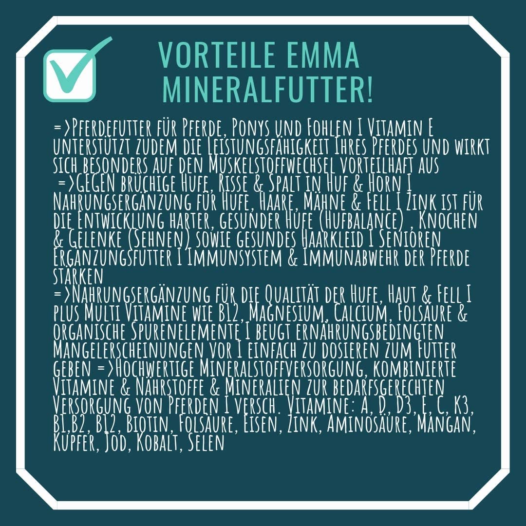  EMMA Complejo alimenticio Mineral Caballos I alimentación complementaria B-vitaminas y A,E,C,D, biotina, Zinc, Selenio, levadura de Cerveza I Crecimiento de pezuñas y Pelo Brillante I Senior 5 Kg 