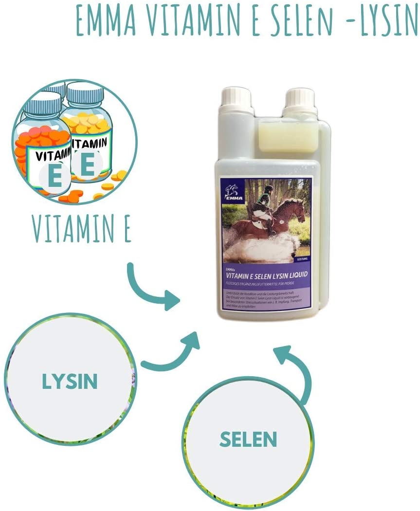  EMMA ♥ Vitamina E Selenio para Caballos, pienso para Caballos pienso suplementario más Selenio y lisina, Selenio Mejor Estado y motivación 1 litro. 