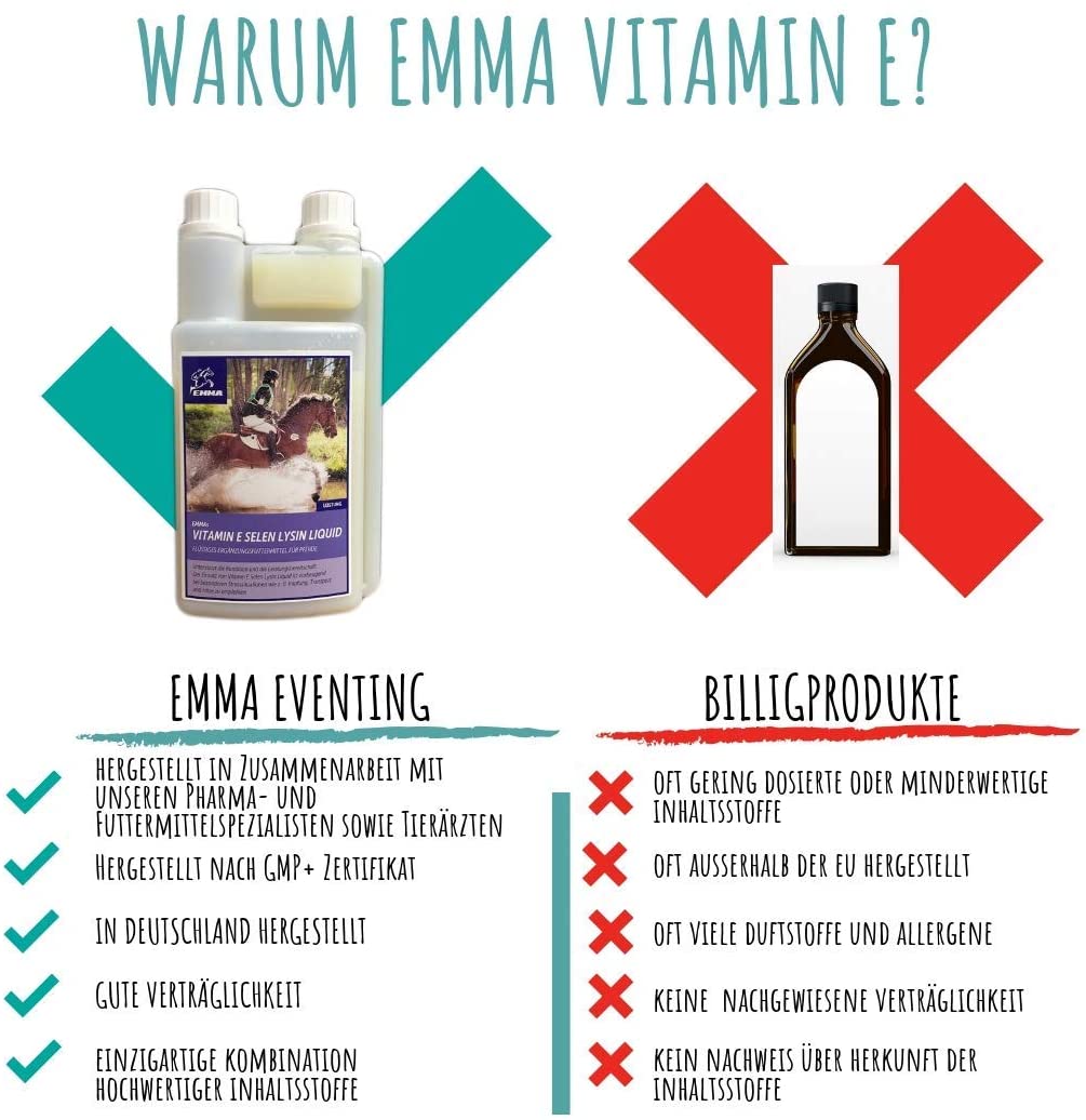  EMMA ♥ Vitamina E Selenio para Caballos, pienso para Caballos pienso suplementario más Selenio y lisina, Selenio Mejor Estado y motivación 1 litro. 