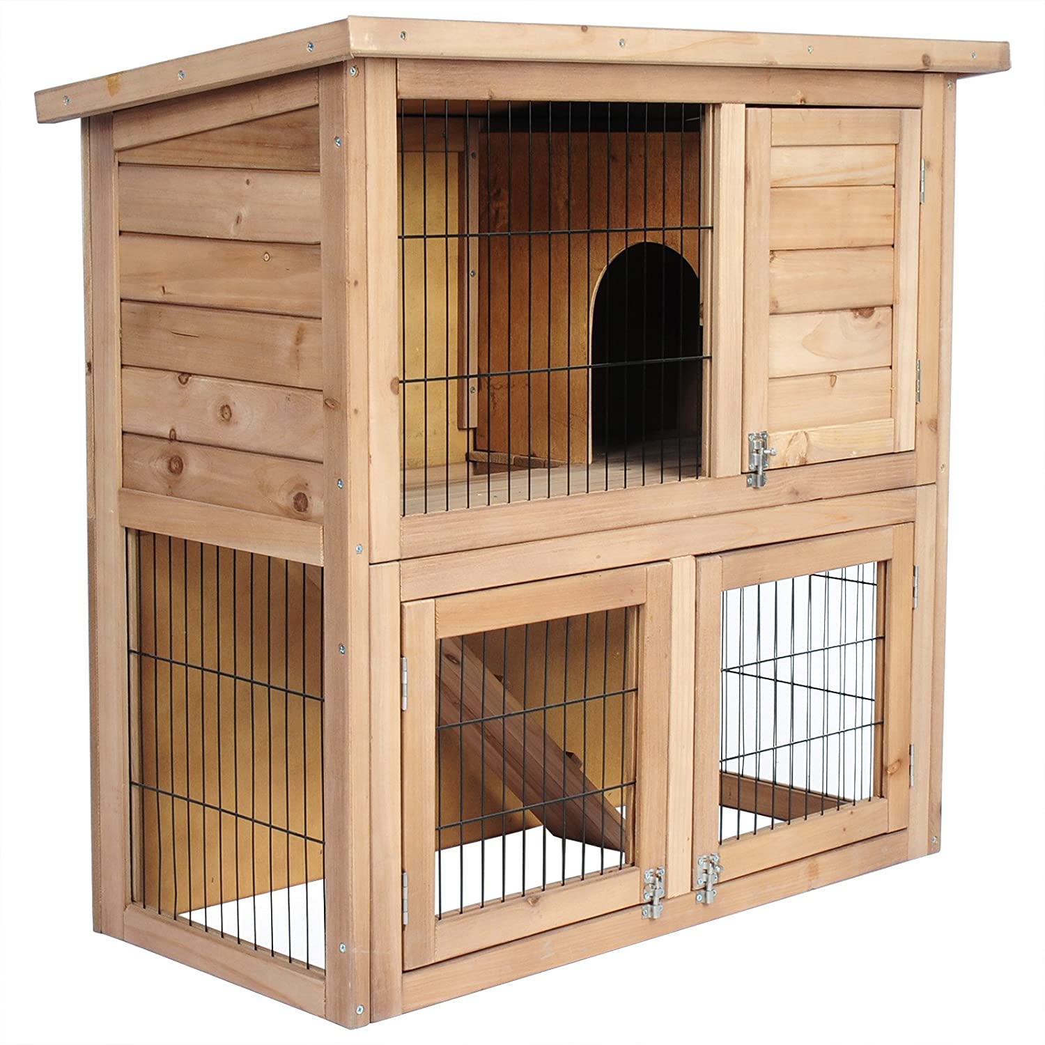  EUGAD Conejera de Exterior Madera Gallinero Grandes Casa para Conejos Cobayas Hámster Mascotas Jaulas Grandes para Conejo Animales Pequeños Impermeable 2 Niveles, 3 Puertas L91 * B45 * H87 cm 0040HT 