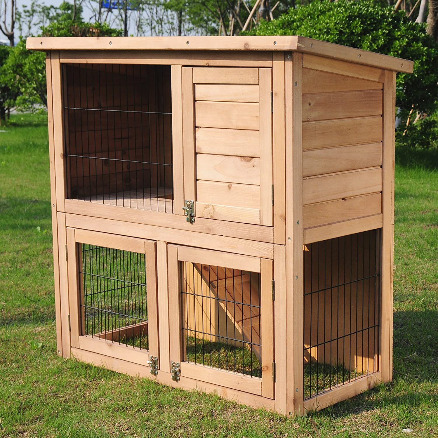  EUGAD Conejera de Exterior Madera Gallinero Grandes Casa para Conejos Cobayas Hámster Mascotas Jaulas Grandes para Conejo Animales Pequeños Impermeable 2 Niveles, 3 Puertas L91 * B45 * H87 cm 0040HT 