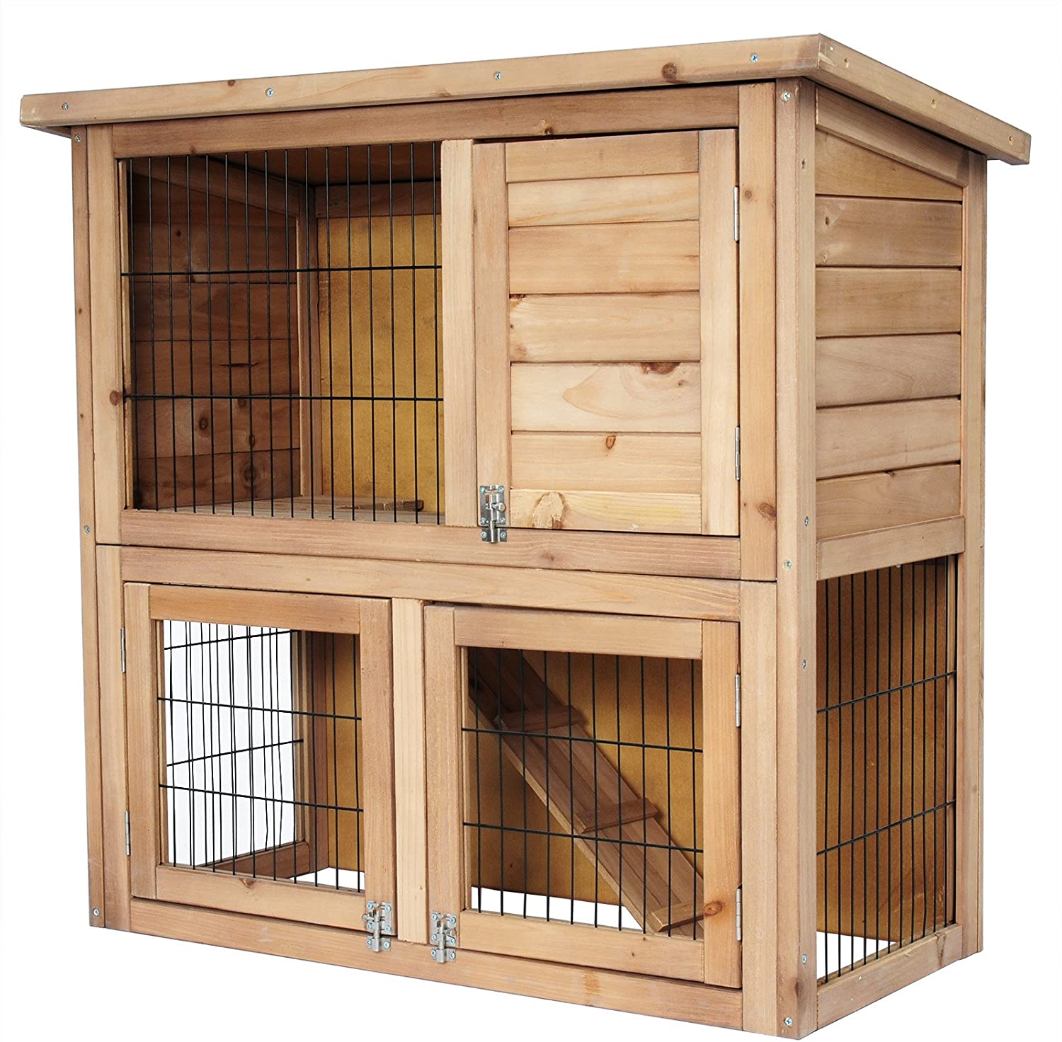  EUGAD Conejera de Exterior Madera Gallinero Grandes Casa para Conejos Cobayas Hámster Mascotas Jaulas Grandes para Conejo Animales Pequeños Impermeable 2 Niveles, 3 Puertas L91 * B45 * H87 cm 0040HT 