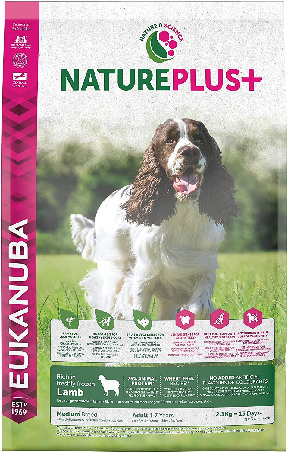  Eukanuba Nature Plus+ Adulto Raza mediana Rico en cordero fresco congelado [2.3 kg] 