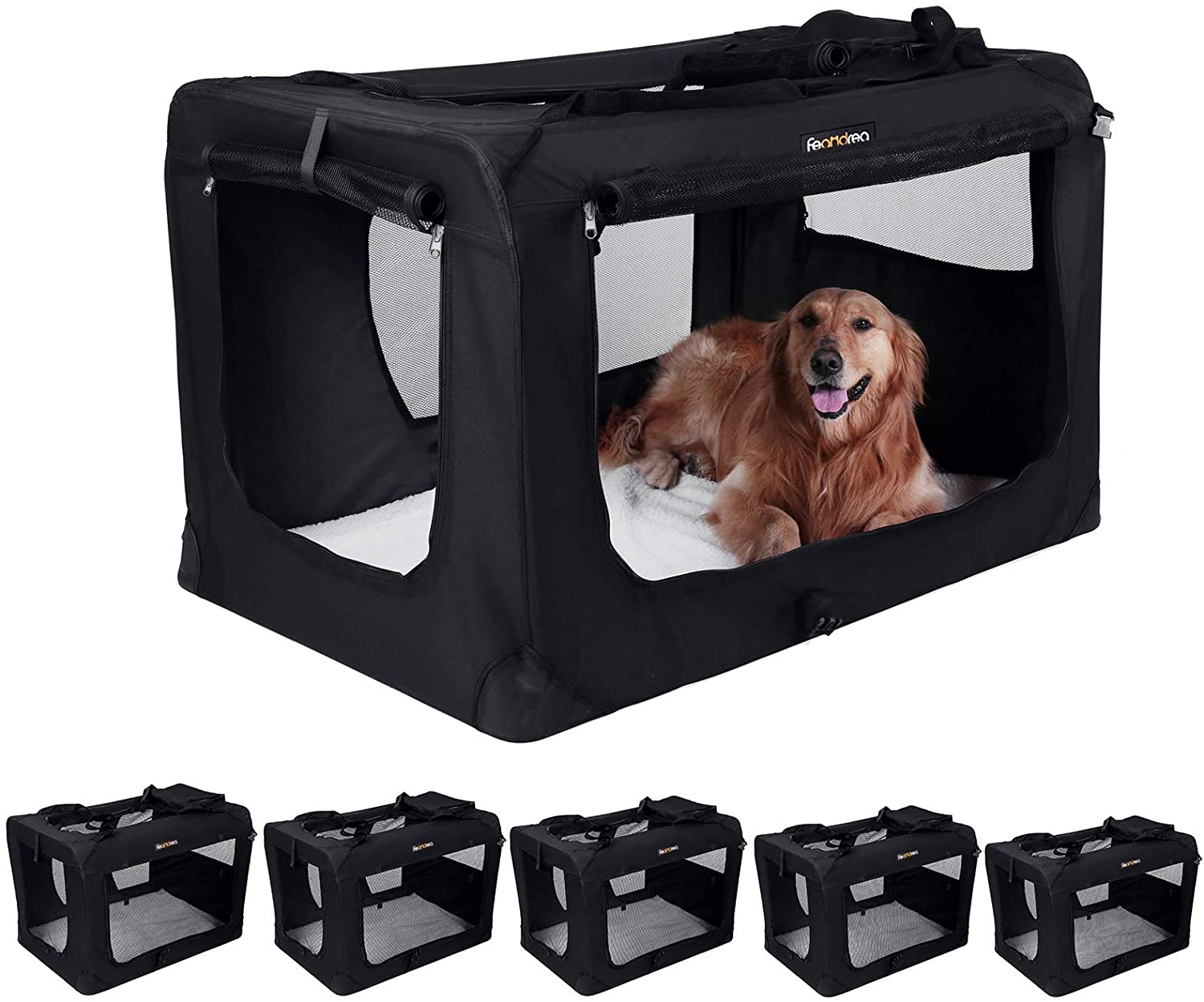  FEANDREA Bolsa de Transporte para Mascotas Transportín Plegable para Perro Portador Tela Oxford Negro XXL 91 x 63 x 63 cm PDC90H 