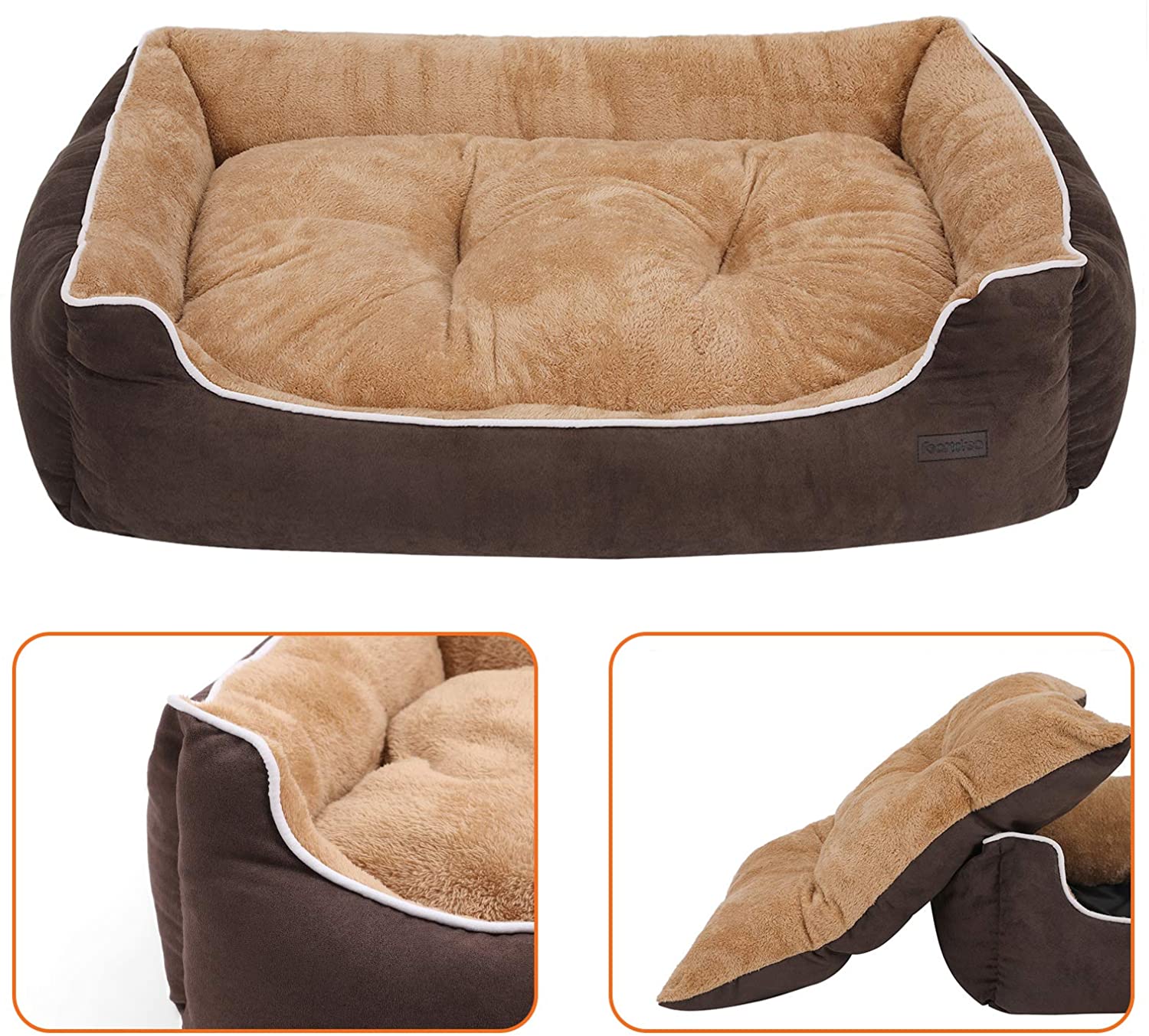  FEANDREA Cama para Perros, Sofá para Perros, Cesta para Perro con cojín extraíble, Marrón y Beige, 110 x 75 x 27 cm PGW07YC 