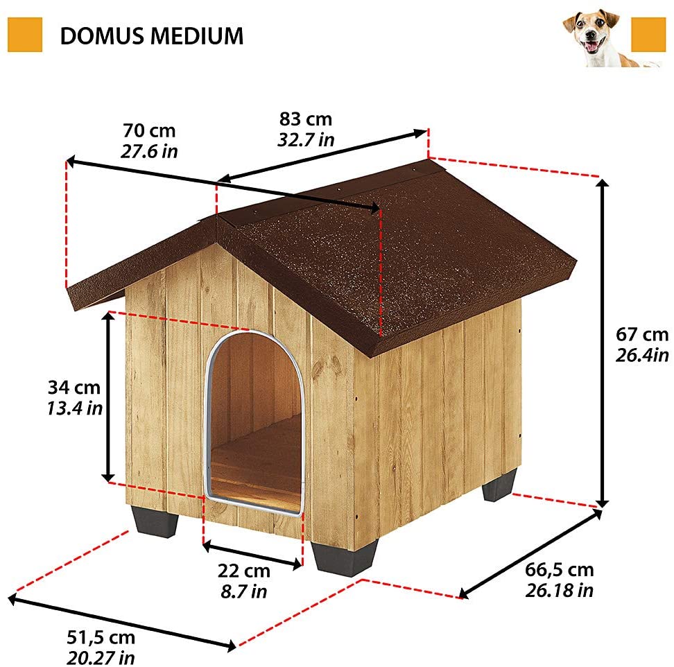  Ferplast Caseta de exterior para perros DOMUS MEDIUM, Madera ecosostenible, Rejilla de ventilación, Puerta con perfil de aluminio resistente a las mordeduras, 73 x 85 x h 67,5 cm 