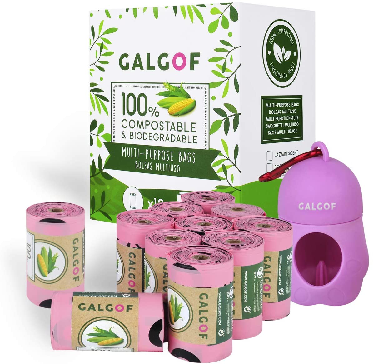  GALGOF Bolsas de Basura higiénicas y biodegradables para Perro + Dispensador. 10 Rollos perfumados, compostables y ecológicos para residuos y excrementos de Mascotas (180 uds) 