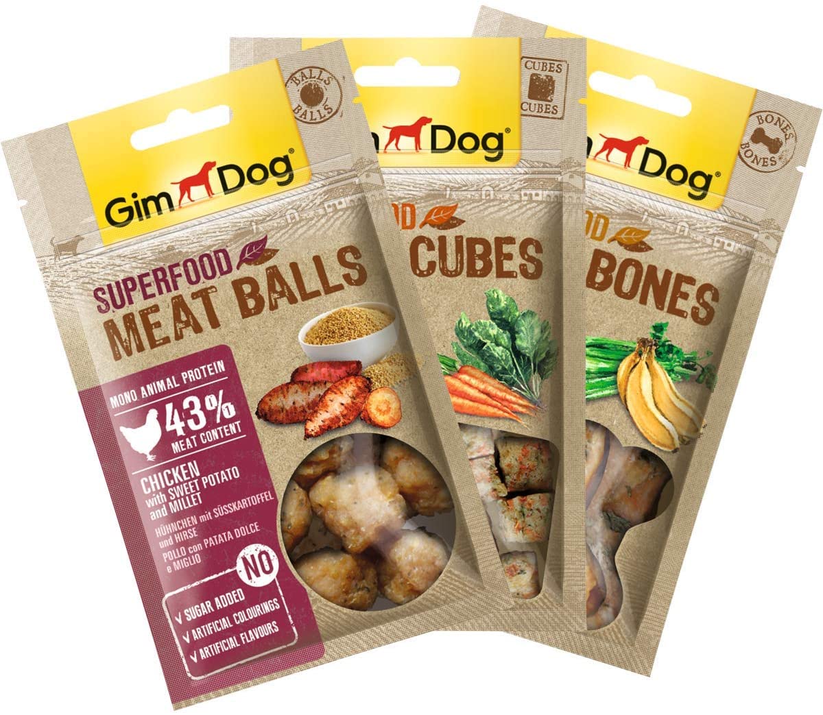  GimDog Superfood Meat Snacks Mixpack, Mono-Protein Hundesnack con Carne de Pollo, Leckerlie sin Zuckerzusatz, 1x180g Mix-Pack (1xBalls, 1xCubes, 1xBones) 