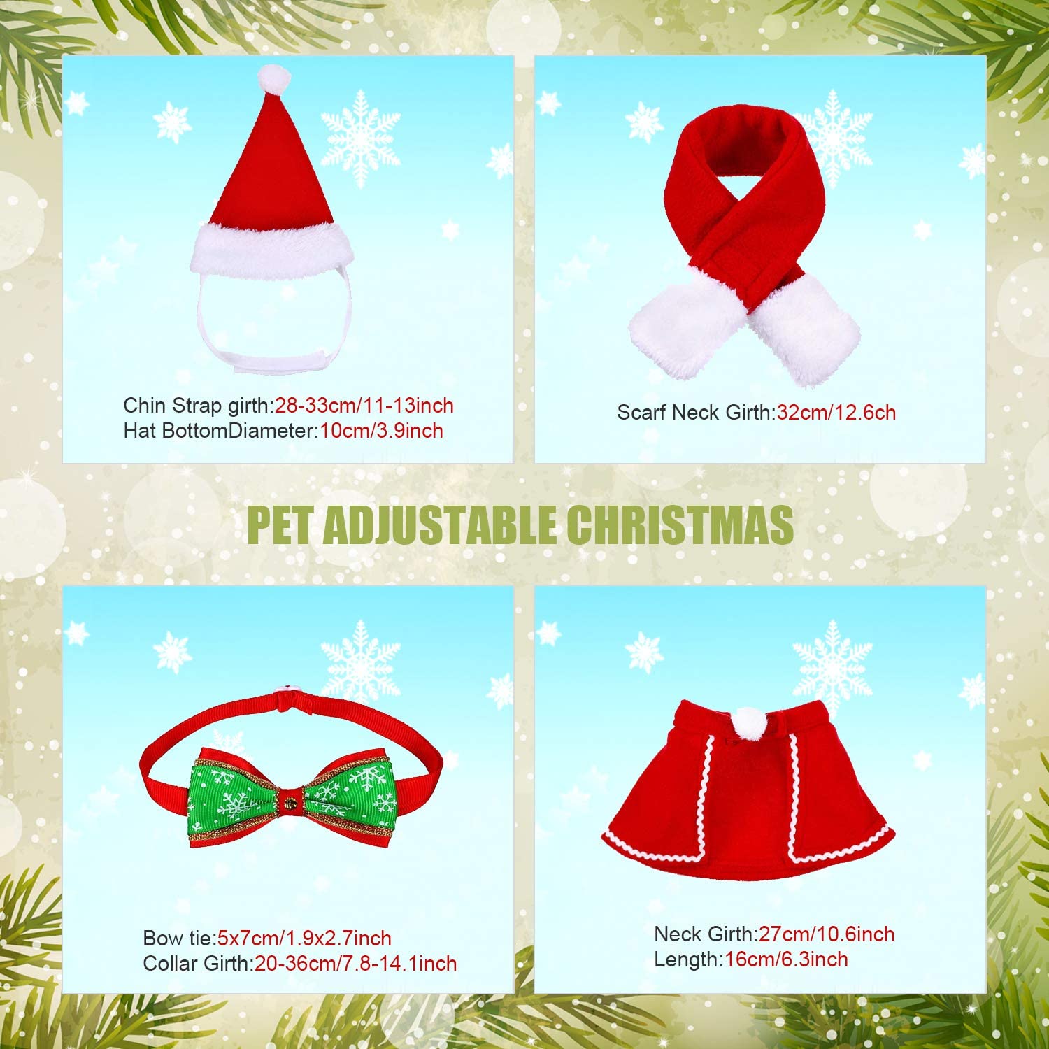  Gorra de Papá Noel de Navidad Ajustable de Mascotas, Capa, Bufanda y Collar de Pajarita Disfraz de Navidad para Cachorro Gatito Gatos Pequeños Perros Mascotas 