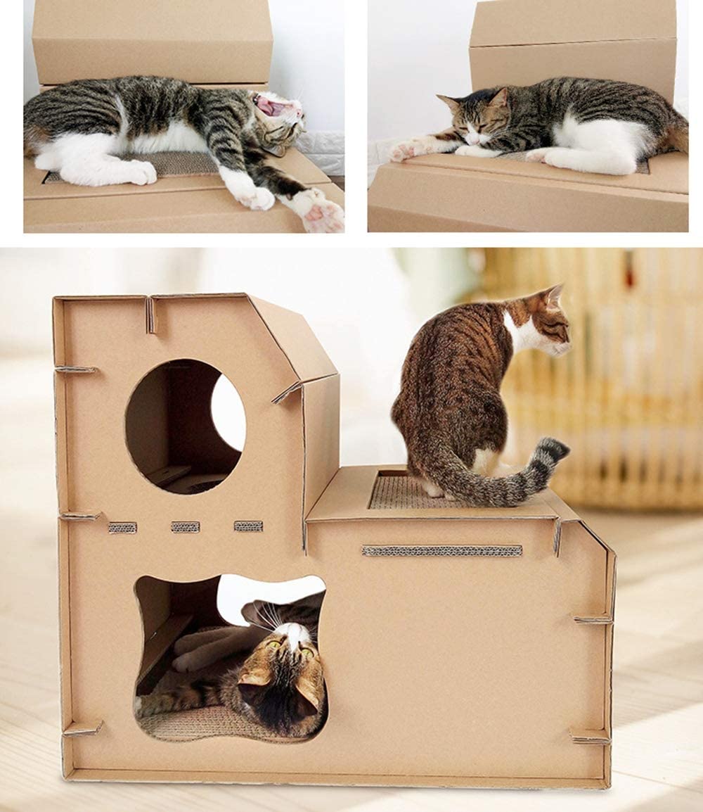  GXHGRASS Casa De Gatos De Bricolaje, Combinación De Escalera De Doble Capa De Papel Corrugado Grueso, Salón De Juegos De Mascotas De Cartón Resistente A Los Arañazos, Salón De Juegos para Mascotas 