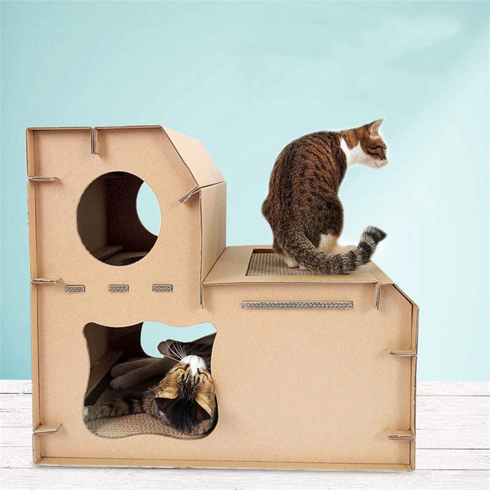  GXHGRASS Casa De Gatos De Bricolaje, Combinación De Escalera De Doble Capa De Papel Corrugado Grueso, Salón De Juegos De Mascotas De Cartón Resistente A Los Arañazos, Salón De Juegos para Mascotas 