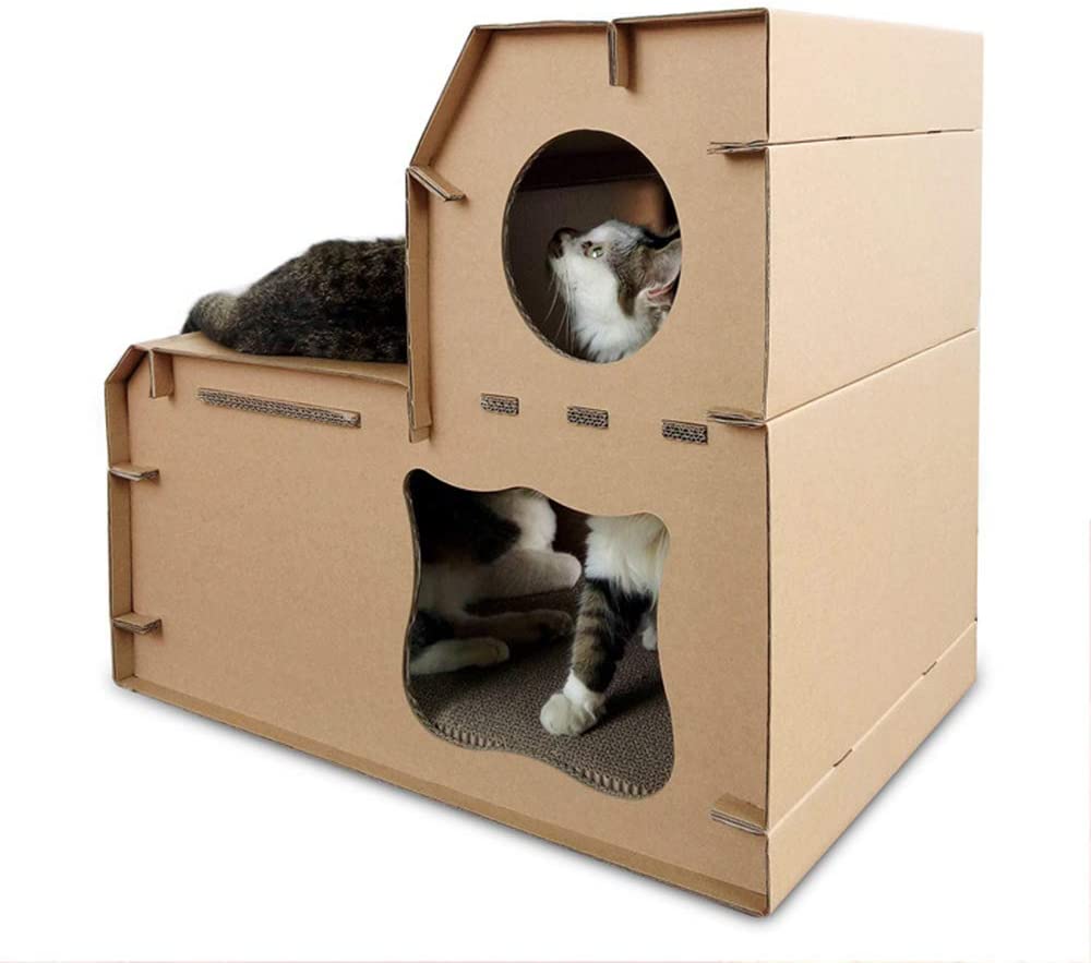  GXHGRASS Casa De Gatos De Bricolaje, Combinación De Escalera De Doble Capa De Papel Corrugado Grueso, Salón De Juegos De Mascotas De Cartón Resistente A Los Arañazos, Salón De Juegos para Mascotas 