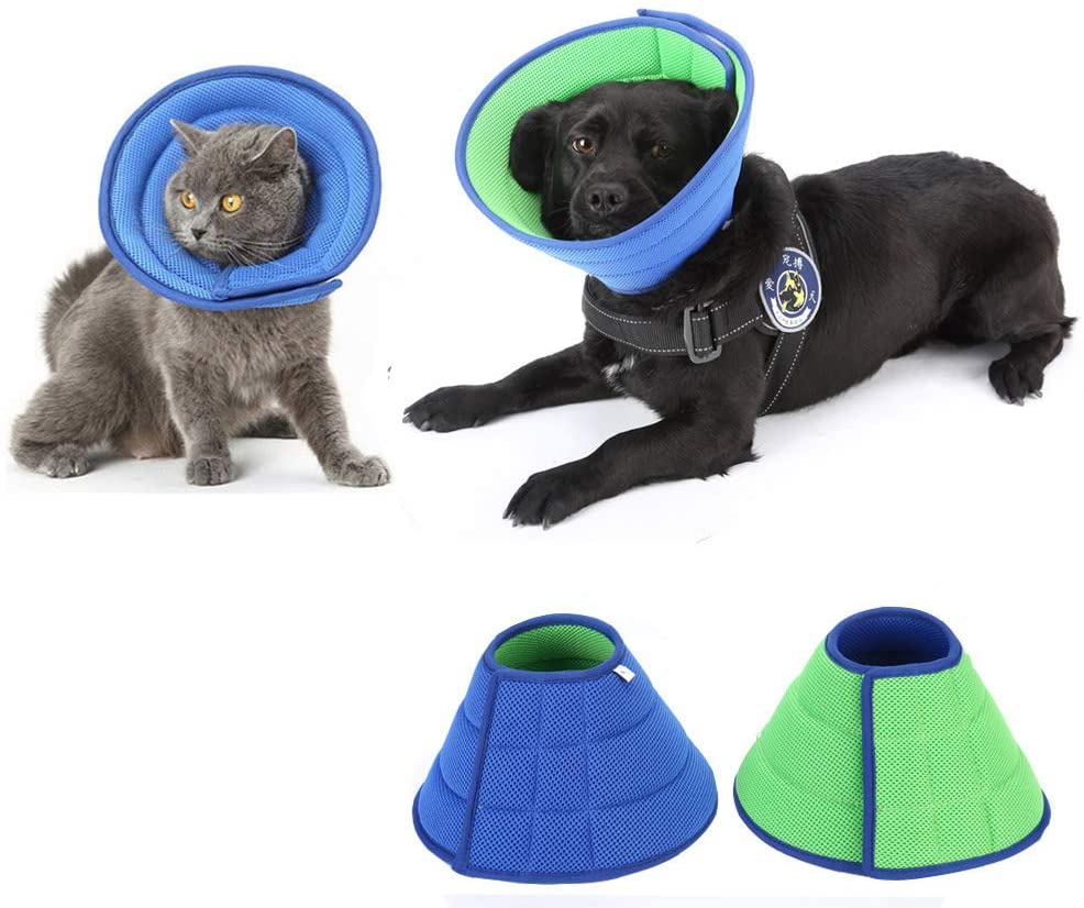  HanryDong Suave Verde Malla Transpirable E-Collar, Ajustable, Azul, Bordes, Mascotas Curación, Collares y Conos Recuperación Caninos Cuello Isabelino, Anticomprasante/Lick para Gato, Perro, Conejo 