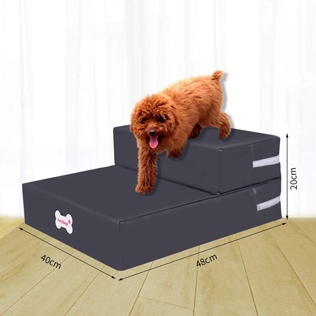  HAODEE Escalera Plegable de Cuero Impermeable para Mascotas Cama Desmontable para Mascotas rampa de Perro Gato 2 Pasos Black 