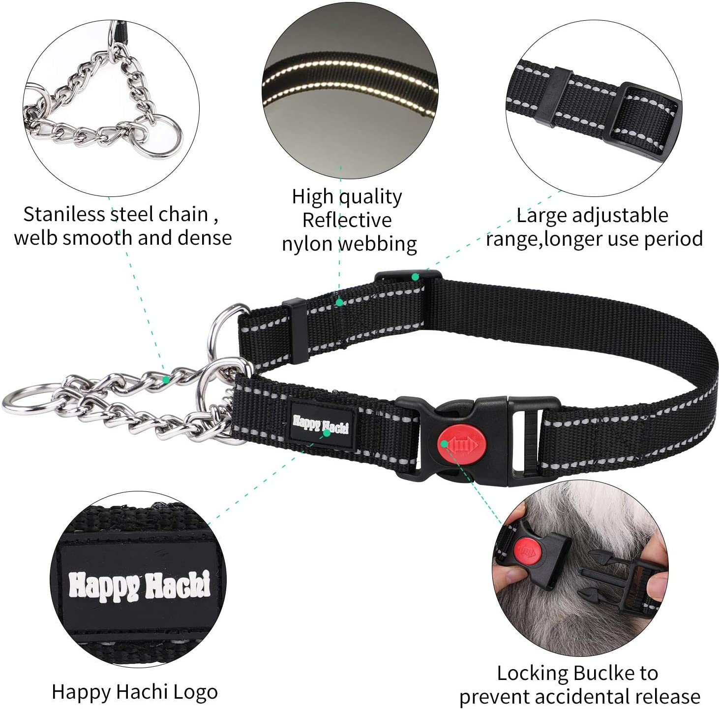  HAPPY HACHI Collar Perro Cuello Perro Martingale Collares Adiestramiento Perros Grande Medanio Pequeño Ajustable Reflexivo(M Negro) 