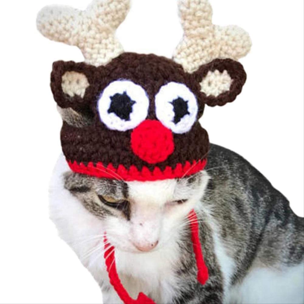  hhuanxiao Ropa para Mascotas Tejido a Mano Mascota Gorra de Navidad Lindo elce Ciervo Cornamenta Sombrero con Correas largas Perro Mascota Gato Festival Cosplay Accesorios para Perros pequeños 