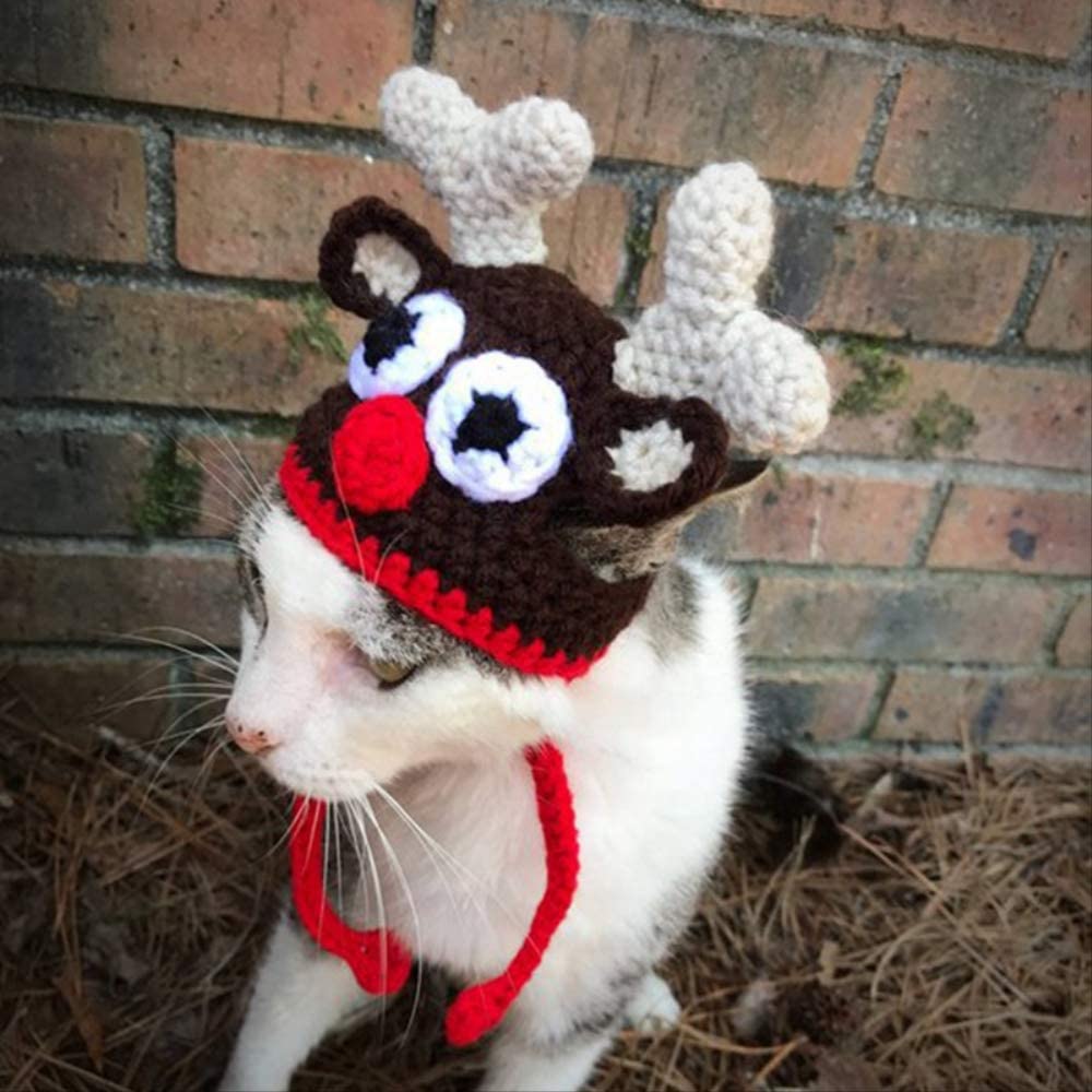  hhuanxiao Ropa para Mascotas Tejido a Mano Mascota Gorra de Navidad Lindo elce Ciervo Cornamenta Sombrero con Correas largas Perro Mascota Gato Festival Cosplay Accesorios para Perros pequeños 