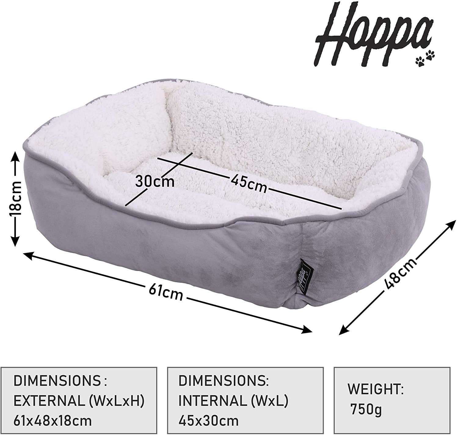  Hoppa Cama para Perros Blanda Rectangular Antideslizante Lavable a Máquina Pequeña 61x48x18cm Gamuza Sintética Gris 