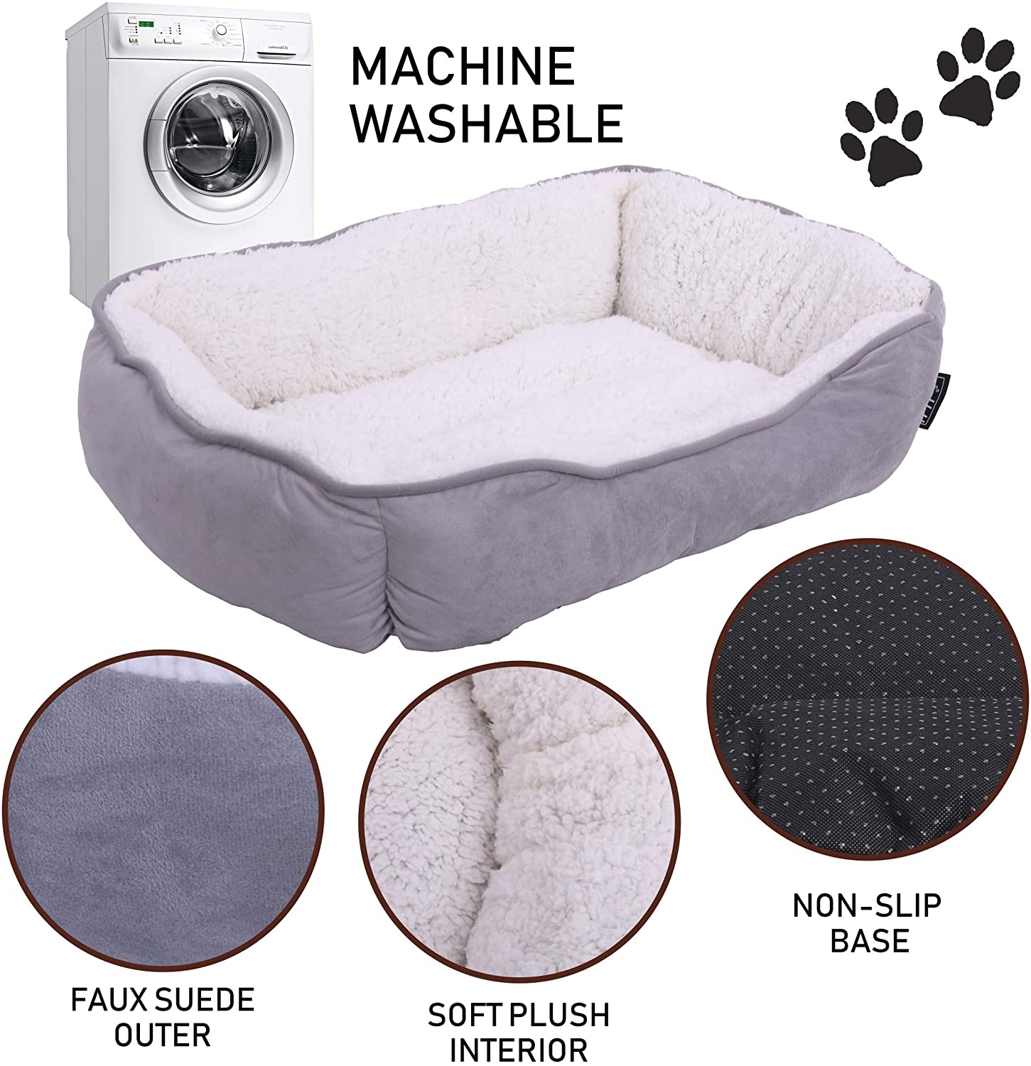  Hoppa Cama para Perros Blanda Rectangular Antideslizante Lavable a Máquina Pequeña 61x48x18cm Gamuza Sintética Gris 