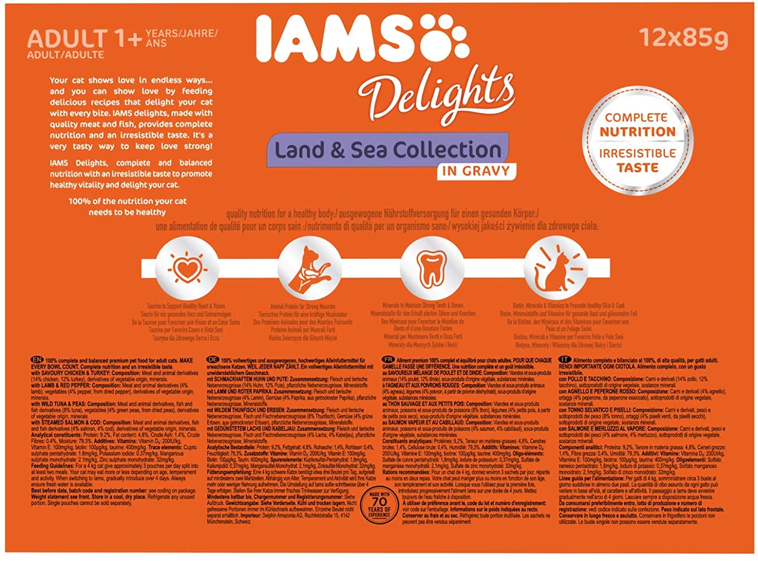  IAMS Delights Gato Adulto Colección Tierra y Mar en Salsa [1,02 kg] 