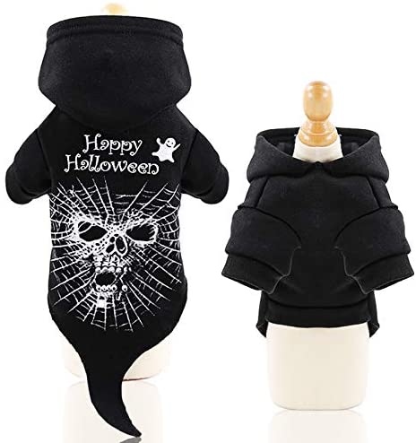  Idepet Abrigo de perro con capucha para mascotas de Halloween, Cráneo negro Cachorro Perro Gatos Ropa Trajes Ropa de invierno Chihuahua Vestirse Fiesta 