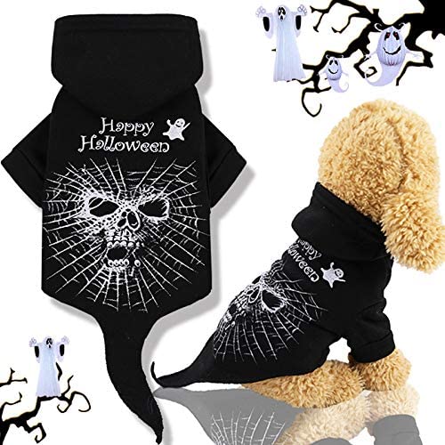  Idepet Abrigo de perro con capucha para mascotas de Halloween, Cráneo negro Cachorro Perro Gatos Ropa Trajes Ropa de invierno Chihuahua Vestirse Fiesta 