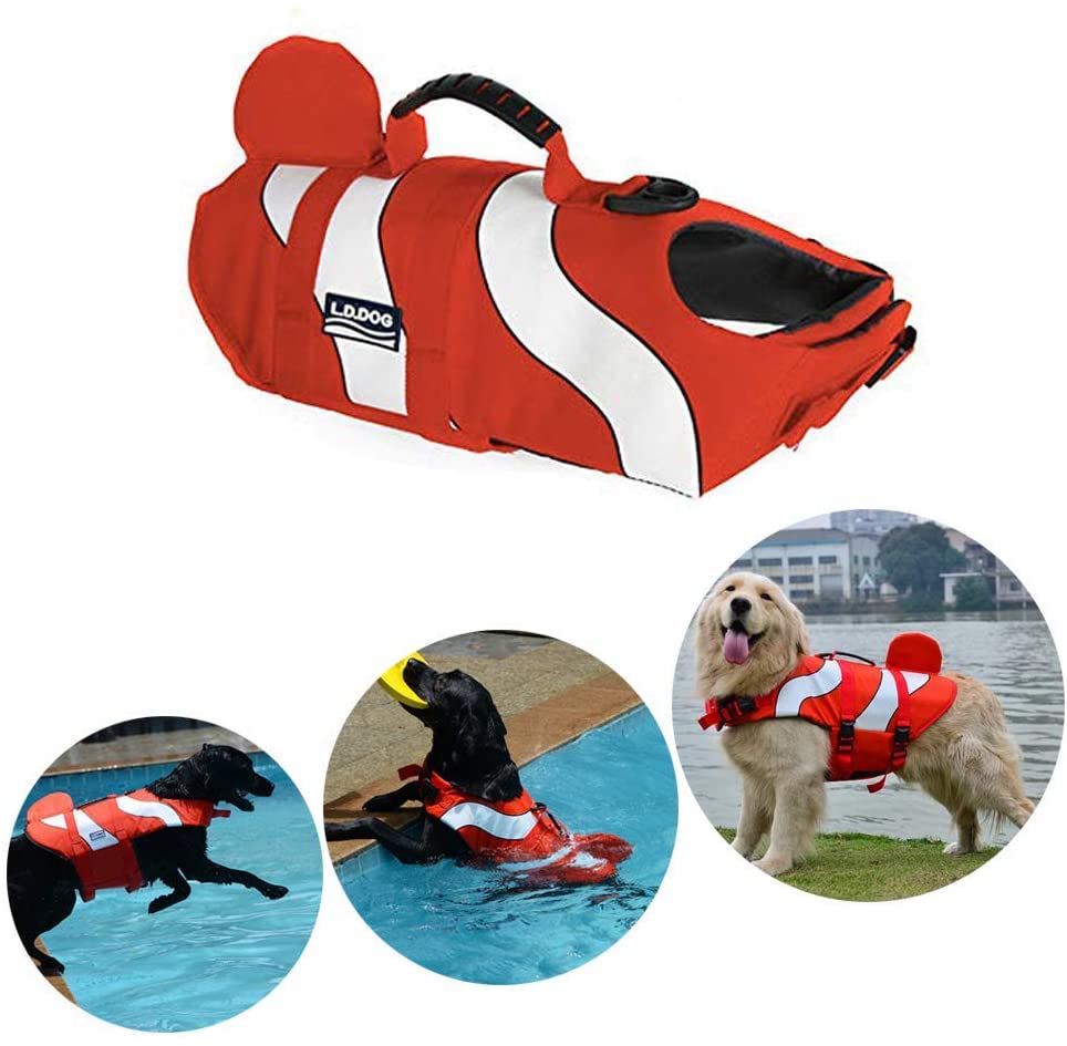  JanTeelGO Chalecos Salvavidas para Perros, Chaleco Reflectante con Sistema de Sujeción Ajustable y Mango de Rescate, Mascotas de Vida de Ahorro Abrigo para natación Surfing canotaje Caza (S, Naranja) 