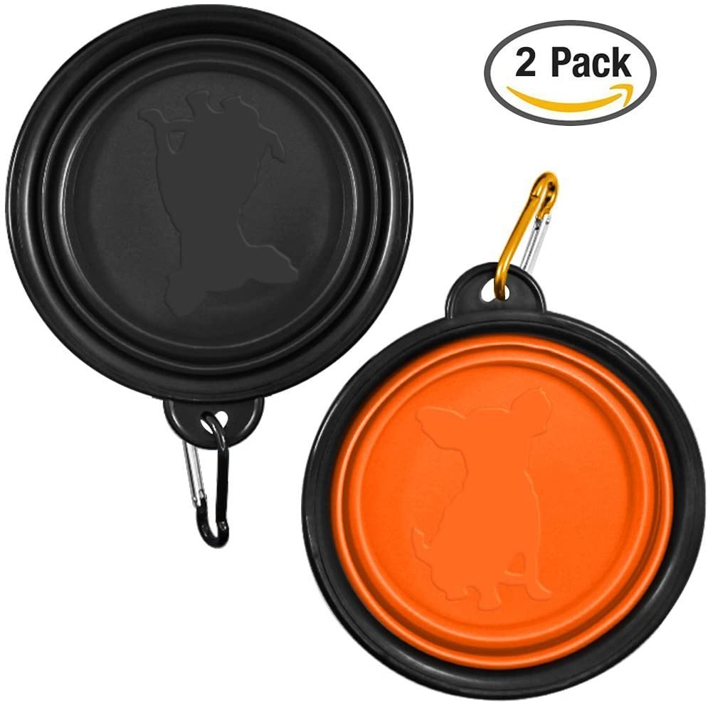  KEKU 2-Pack Plegable del Recorrido Perro Bowl, Silicona Comedero portátil Pet Food Agua de la Taza, Plato Plegable Extensible Copa para los Animales domésticos, Aprobado por la FDA. [Negro y Naranja] 