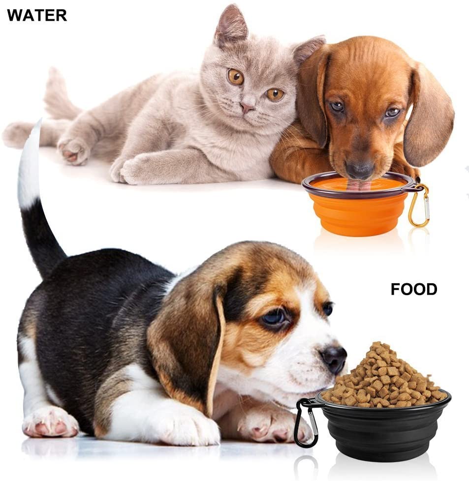  KEKU 2-Pack Plegable del Recorrido Perro Bowl, Silicona Comedero portátil Pet Food Agua de la Taza, Plato Plegable Extensible Copa para los Animales domésticos, Aprobado por la FDA. [Negro y Naranja] 