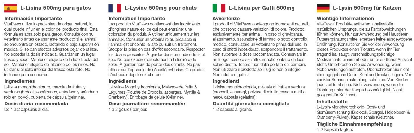  L-Lisina 500mg para Gatos - ¡Bote para 3 meses! - 90 Cápsulas - VitaPaws 