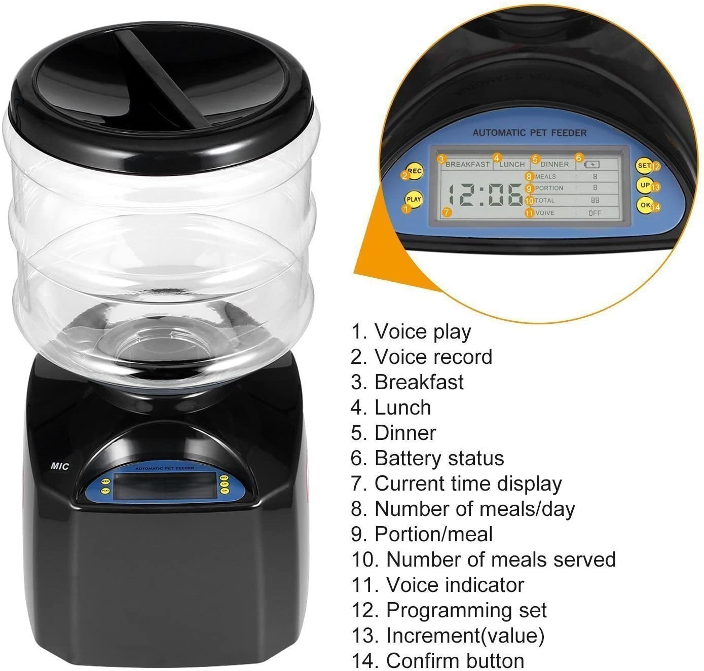  LESHP Comedero Automático para Perros, Gatos y Mascotas, Dispensador de Comidas, Grabación de Mensajes de Voz, Temporizador Programable con Pantalla LCD 5.5L - Negro 