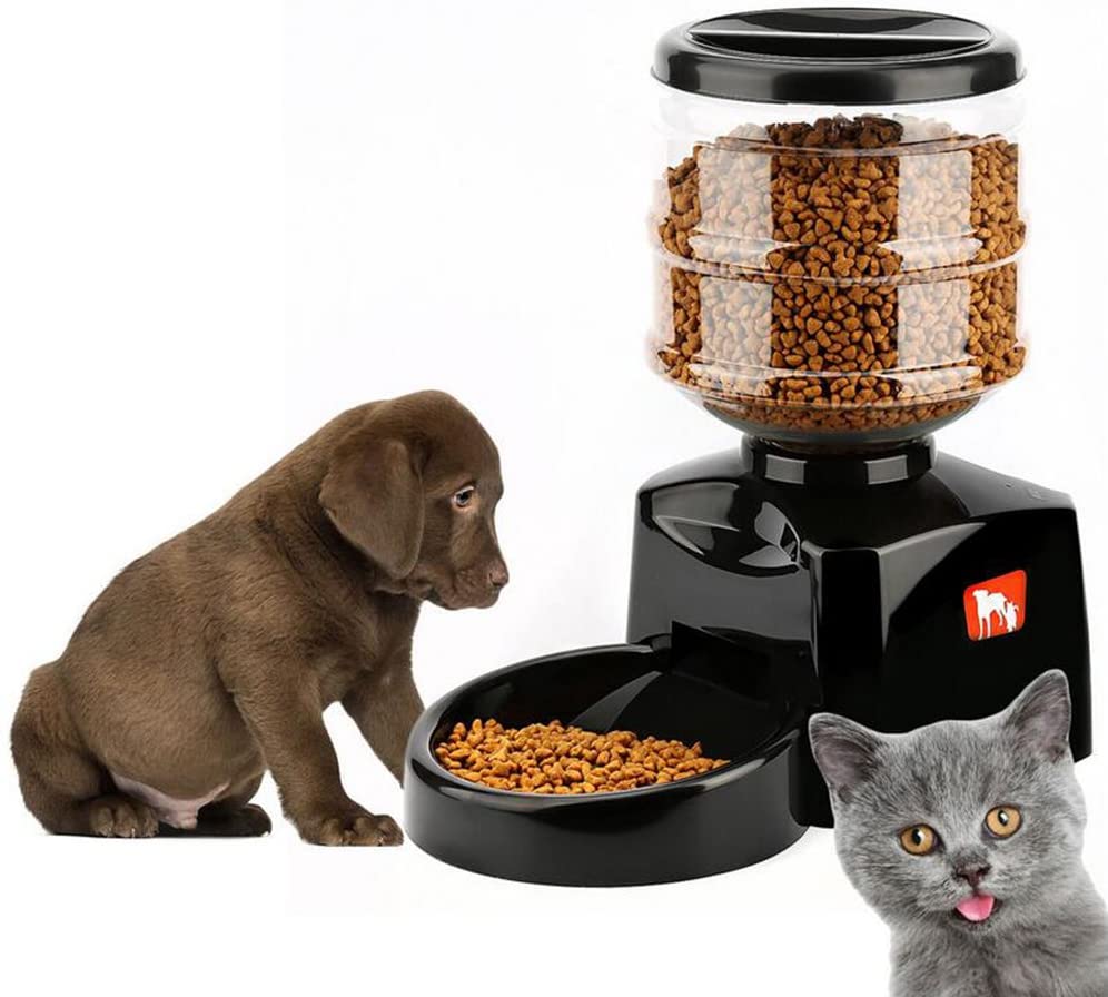  LESHP Comedero Automático para Perros, Gatos y Mascotas, Dispensador de Comidas, Grabación de Mensajes de Voz, Temporizador Programable con Pantalla LCD 5.5L - Negro 