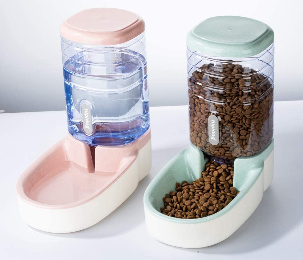  LLDKA Alimentador automático del Animal doméstico, alimentador de alimentación de Viajes y dispensador de Agua para Perros Gatos domésticos Animales (Rosa + Verde) 