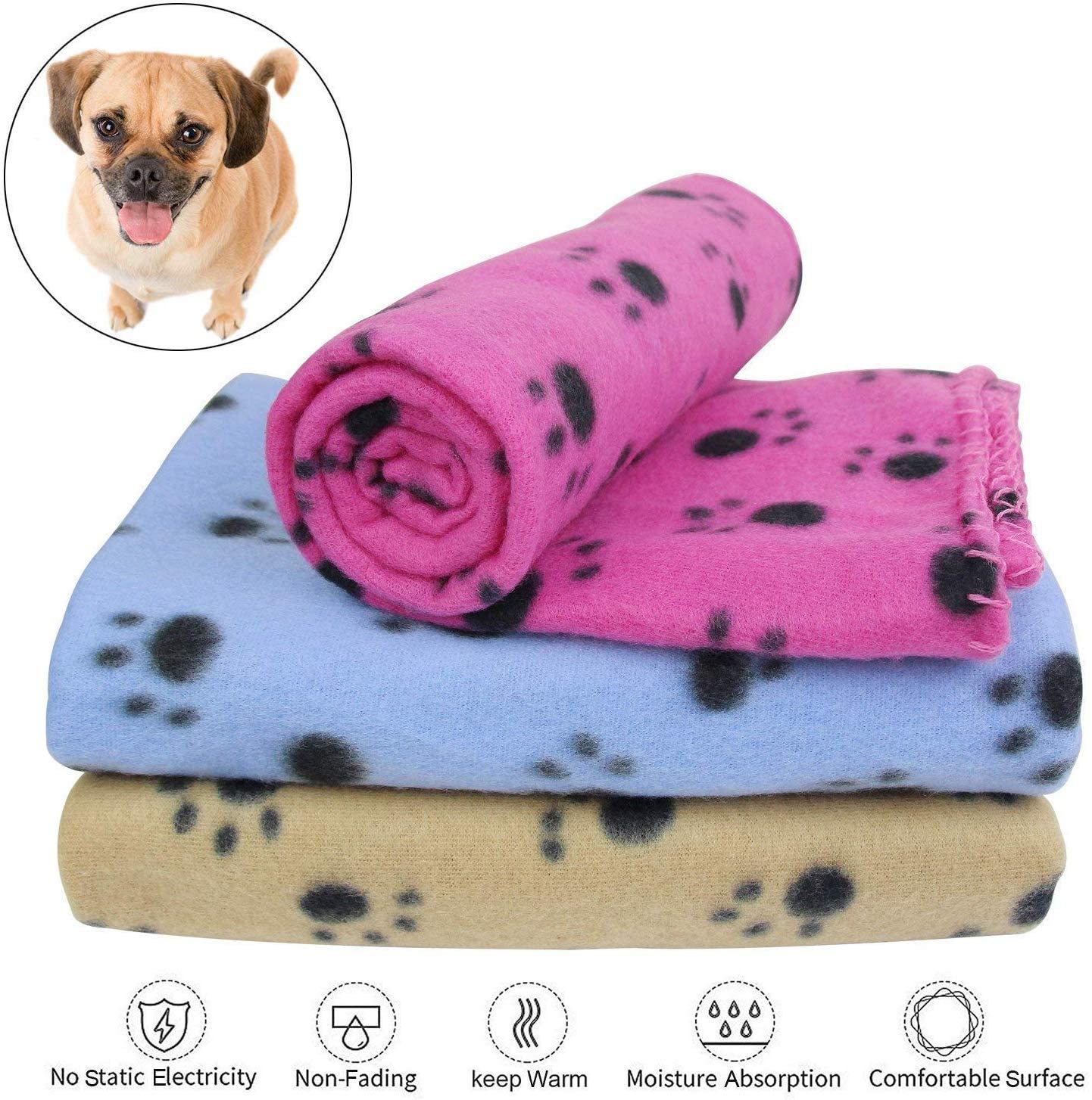  manta para mascotas con estampado de pata para perro o gato, acabado suave, manta de invierno resistente, manta de vellón acogedora cama para gato, tapete con estampado de patas 3 piezas (60 x 70 cm) 