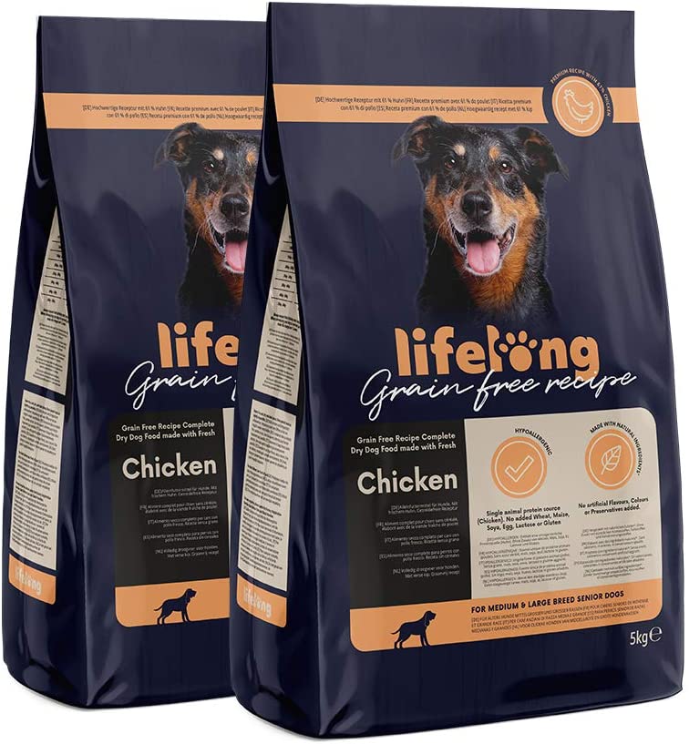  Marca Amazon - Lifelong Alimento seco completo con pollo fresco para perros sénior de razas medianas y grandes, receta sin cereales - 5kg*2 