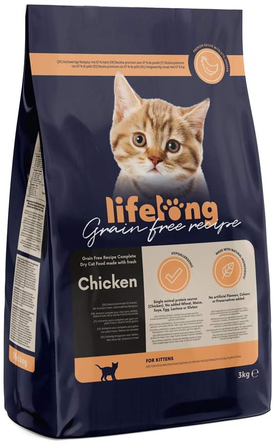  Marca Amazon Lifelong Alimento seco para gatitos con pllo fresco, receta sin cereales - 3kg *3 